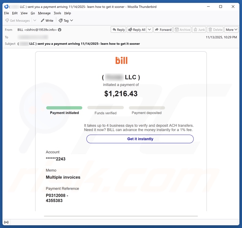 Bill Holdings - Initiated Payment campagne de spam par e-mail