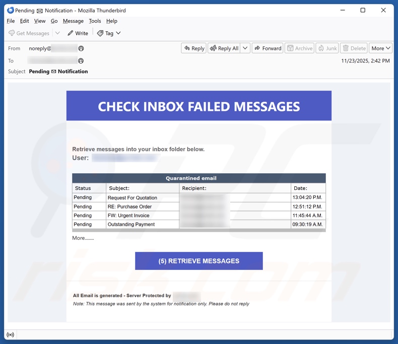 Check Inbox Failed Messages campagne de spam par e-mail