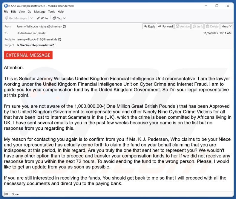 Compensation To Cyber Crime Victims campagne de spam par e-mail