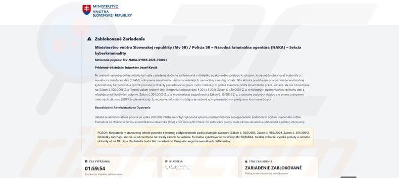 Appearance of Device Locked Due To Access To Illegal Content scam (Slovak variant)