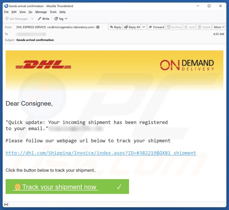 DHL - Shipment Registered To Your Email campagne de spam par e-mail