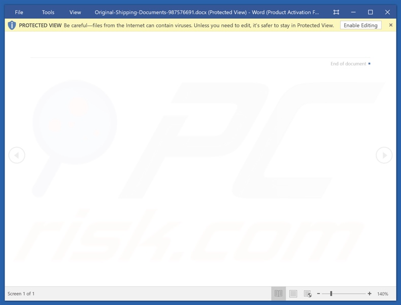Pièce jointe malveillante distribuée via DHL - Campagne de spam Copies électroniques de vos documents d'expédition (Original-Shipping-Documents-987576691.docx)