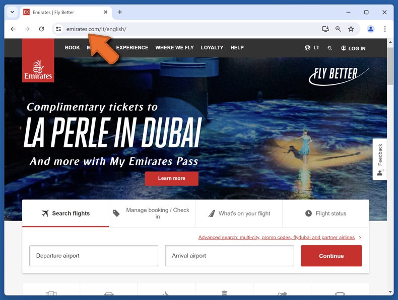 Apparence du véritable site web d'Emirates (emirates.com)