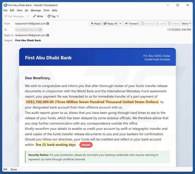 First Abu Dhabi Bank - Funds Transfer Documents campagne de spam par e-mail