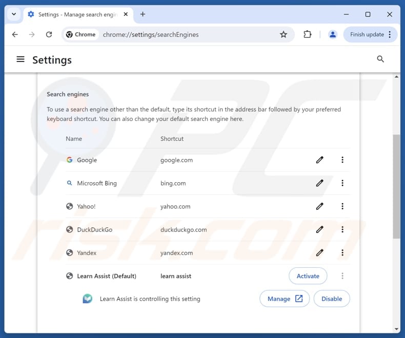 Supprimer learnassistsearch.com du moteur de recherche par défaut de Google Chrome
