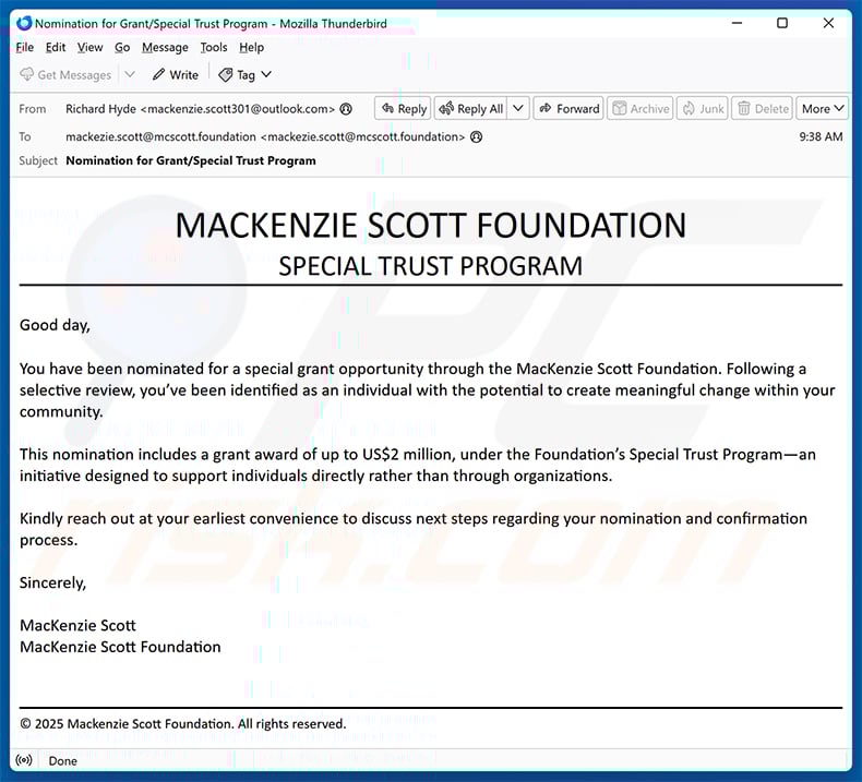 Courriel Arnaque Mackenzie Scott Foundation (2025-11-14)
