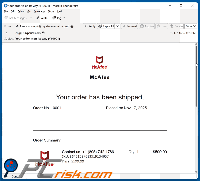 McAfee - Your Order Has Been Shipped apparence d'un courriel frauduleux (GIF)