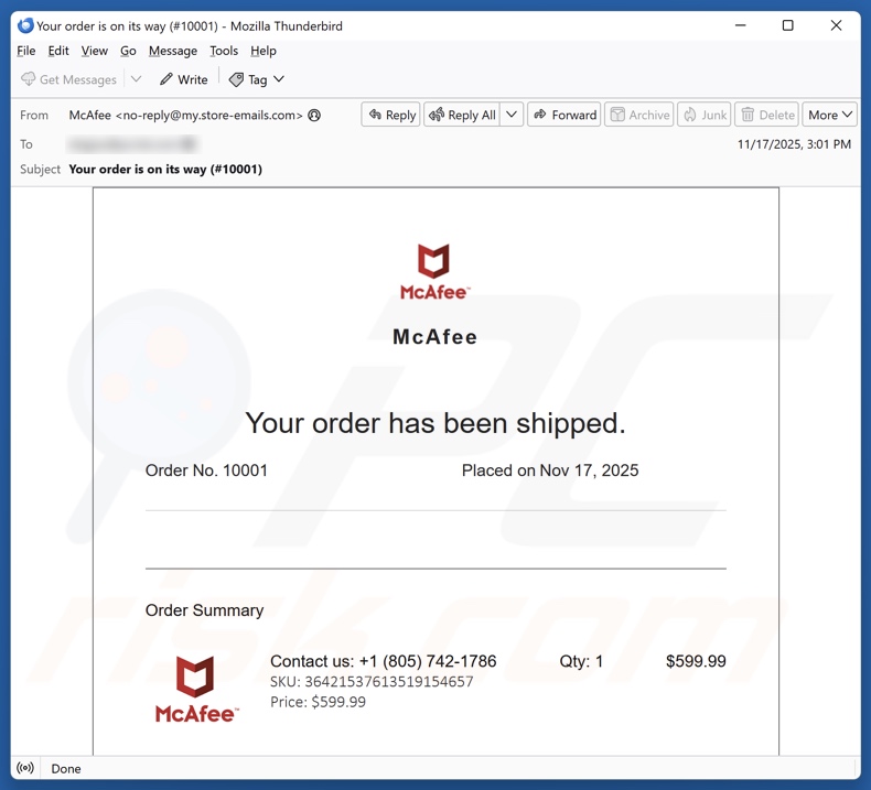 McAfee - Your Order Has Been Shipped campagne de spam par e-mail