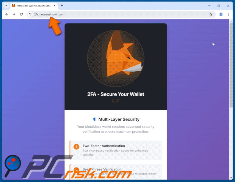 MetaMask 2FA Activation courriel frauduleux faisant la promotion d'un faux site MetaMask