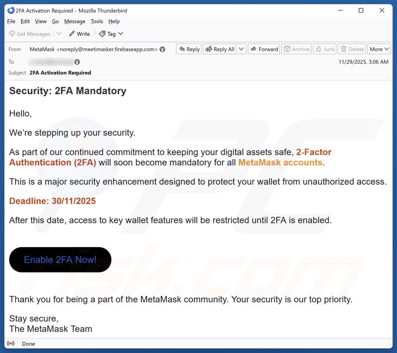 MetaMask 2FA Activation campagne de spam par e-mail