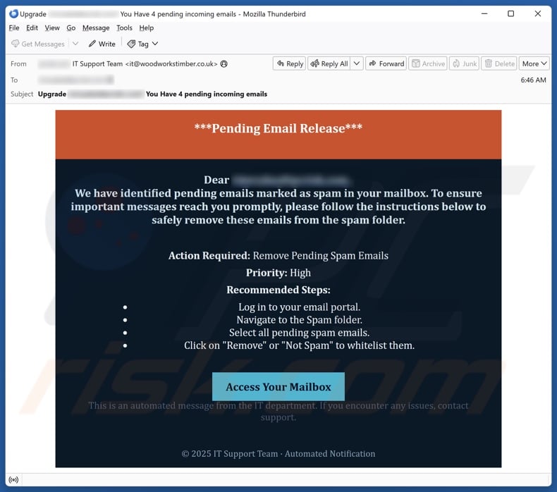 Pending Email Release campagne de spam par e-mail