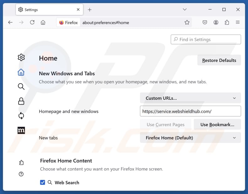 Supprimer service.webshieldhub.com de la page d'accueil de Mozilla Firefox