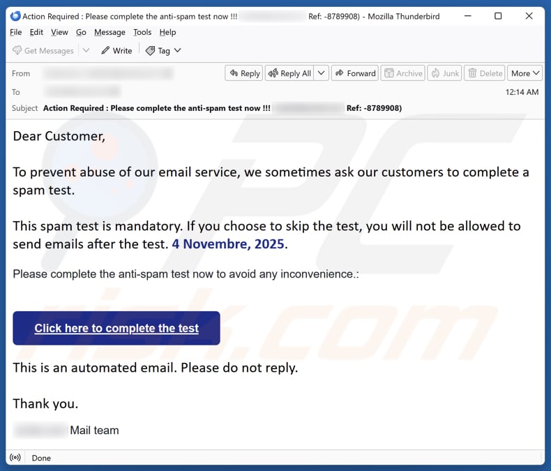 Email Account Failure Notice campagne de spam par e-mail