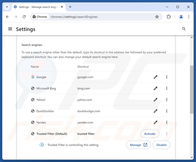 Supprimer trustedfiltersearch.com du moteur de recherche par défaut de Google Chrome