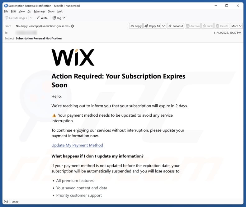 Wix Subscription Expiration campagne de spam par e-mail