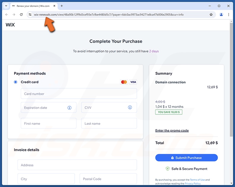 Wix Subscription Expiration courriel frauduleux faisant la promotion d'un site d'hameçonnage