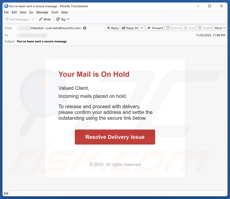 Your Mail Is On Hold campagne de spam par e-mail