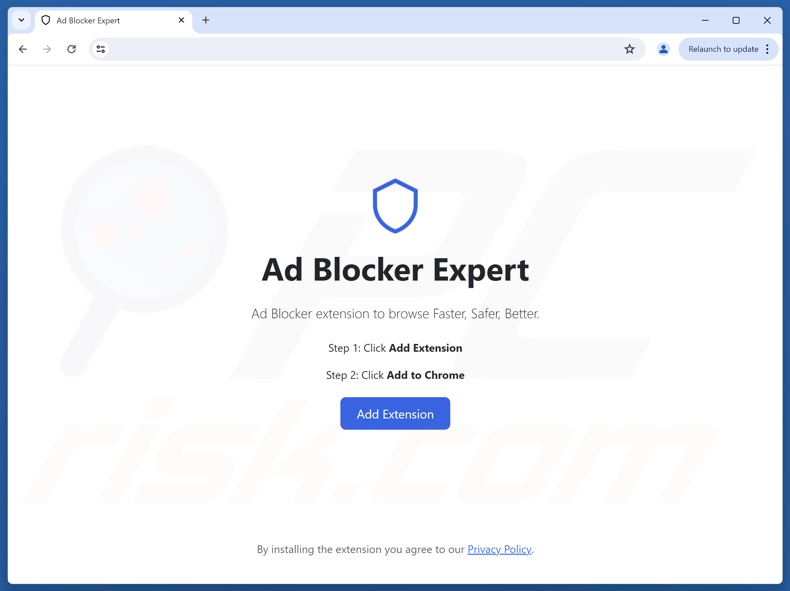 Site web frauduleux faisant la promotion du logiciel publicitaire AdBlocker Expert