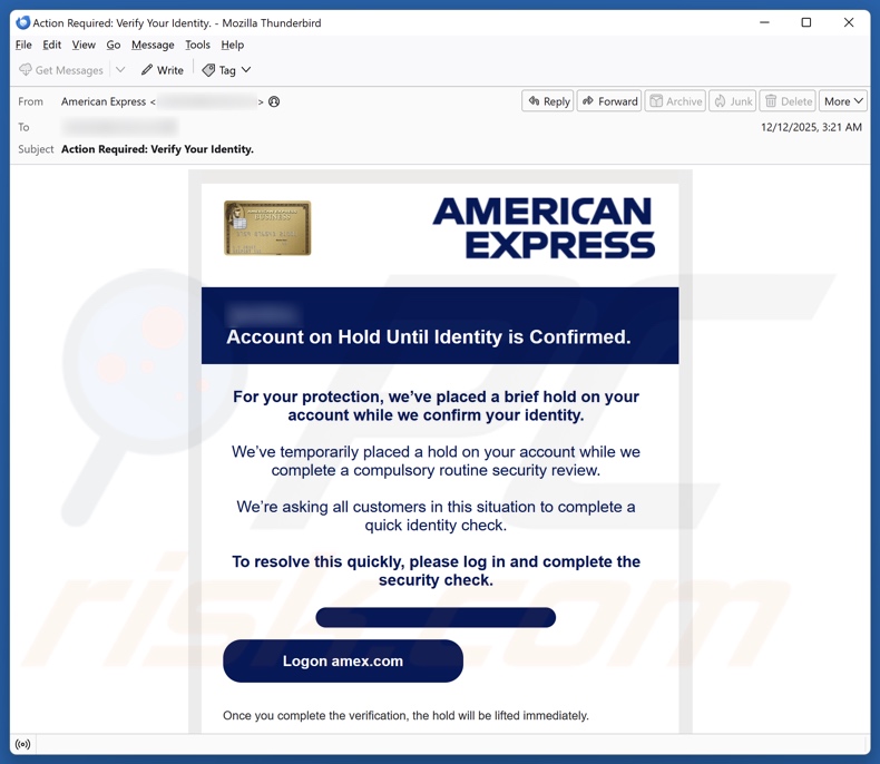 American Express - Account On Hold campagne de spam par e-mail
