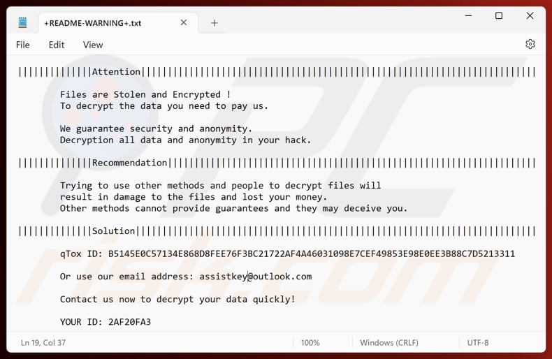 Fichier texte du rançongiciel Asyl (+README-WARNING+.txt)