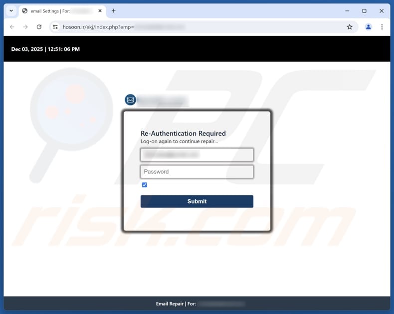 Authenticate Your Email Address Page de phishing frauduleuse