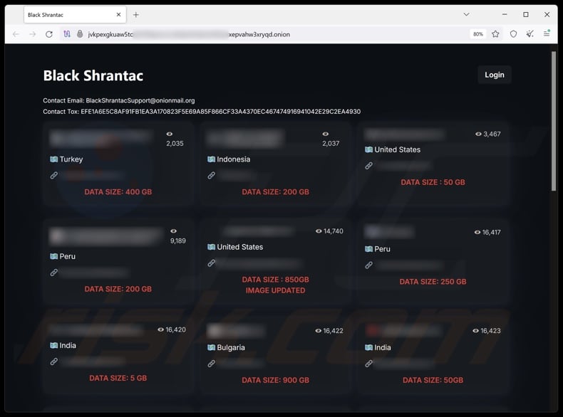 Black Shrantac ransomware site web présentant des fuites de données