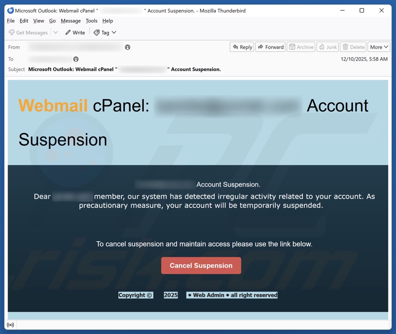 cPanel Account Suspension campagne de spam par e-mail