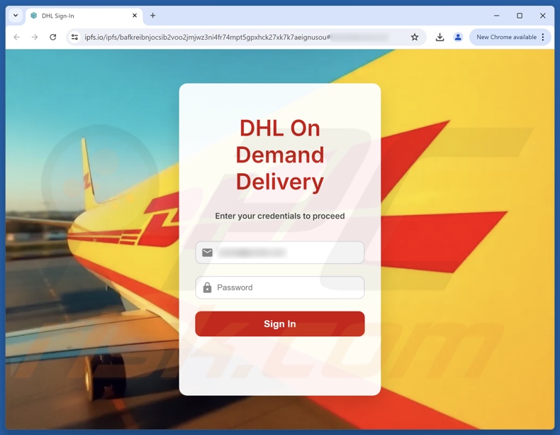 DHL Express - Incoming Package Arrival Notification courriel frauduleux faisant la promotion d'un site d'hameçonnage