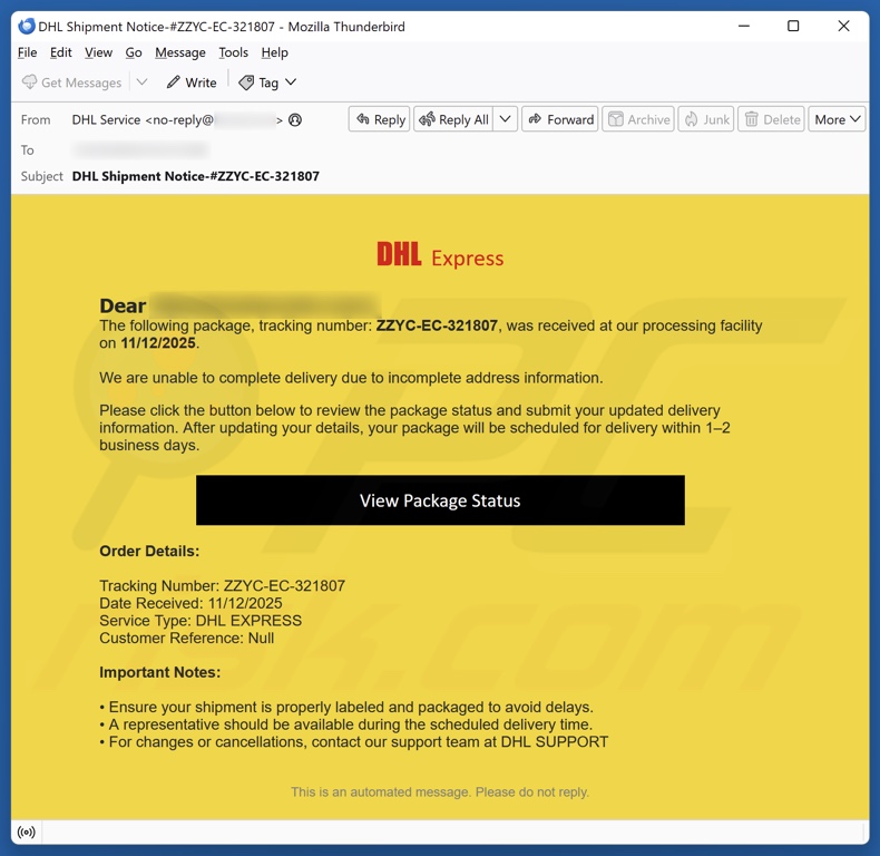 DHL Express - Incomplete Address Information campagne de spam par e-mail