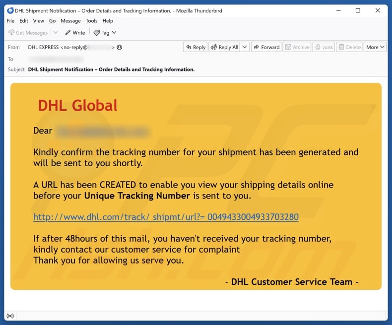 DHL Global - Shipment Tracking Number campagne de spam par e-mail