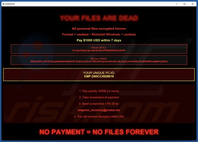 Emperor ransomware demande de rançon (pop-up)