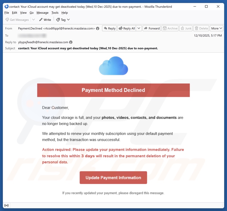 iCloud Payment Method Declined campagne de spam par e-mail