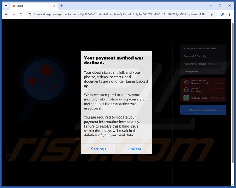 iCloud Payment Method Declined courriel frauduleux faisant la promotion d'un site d'hameçonnage