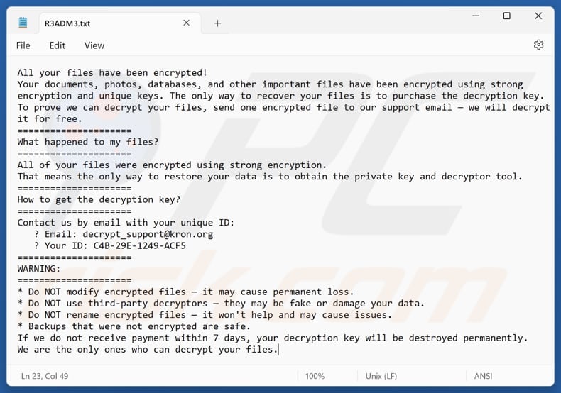Kron ransomware fichier texte (R3ADM3.txt)