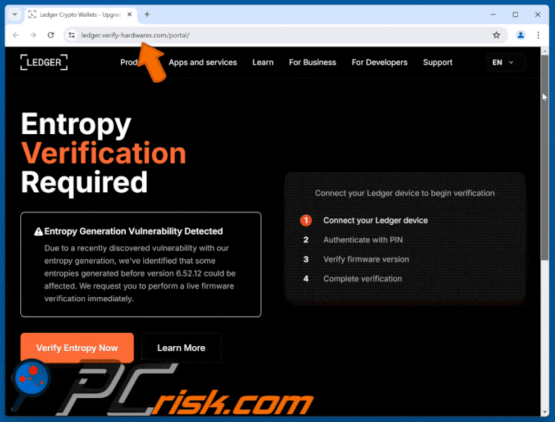 Ledger - Critical Security Vulnerability arnaque par e-mail apparence de faux site web