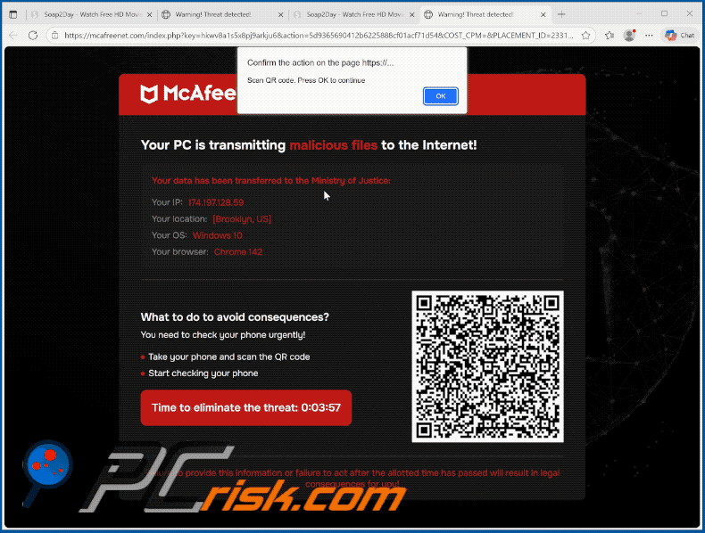 Apparition de l'arnaque McAfee - Votre PC transmet des fichiers malveillants