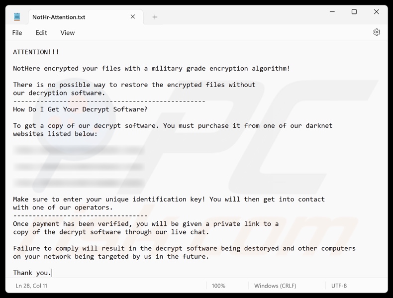 NotHere ransomware demande de rançon (NotHr-Attention.txt)