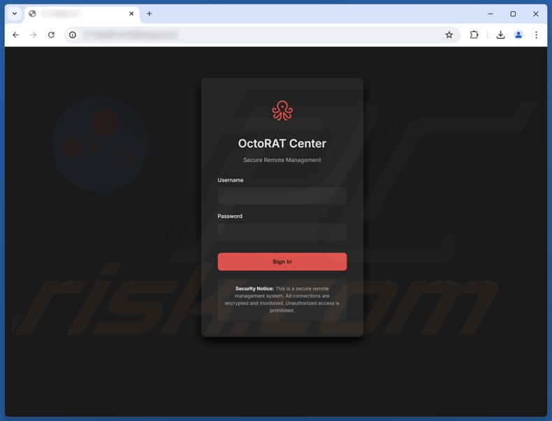 OctoRAT Malware Page de connexion au panneau d'administration