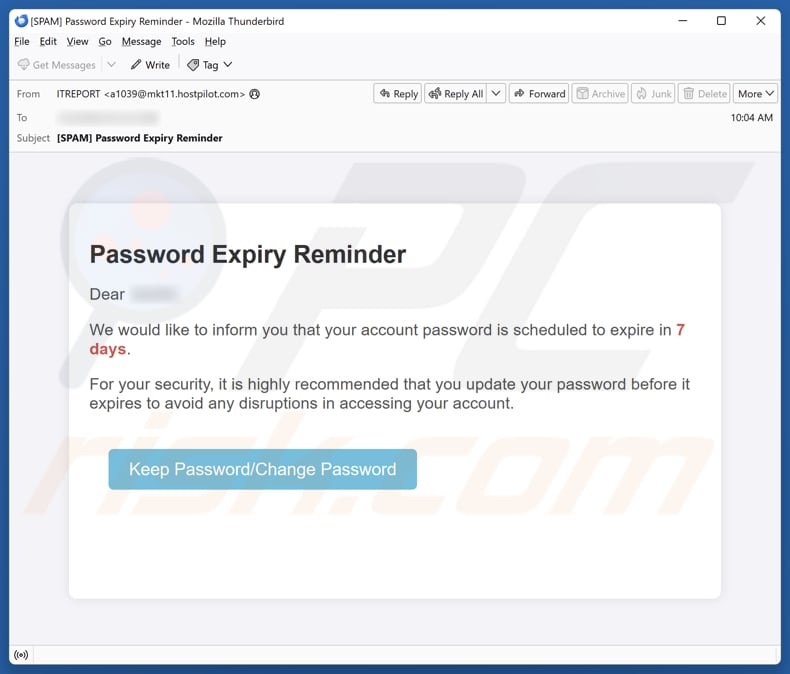 Password Expiry Reminder campagne de spam par e-mail