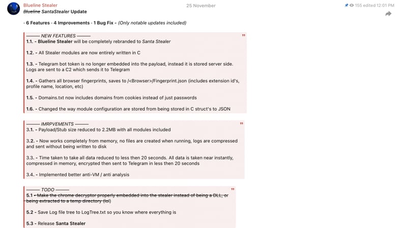 Malware SantaStealer faisant la promotion d'un message Telegram