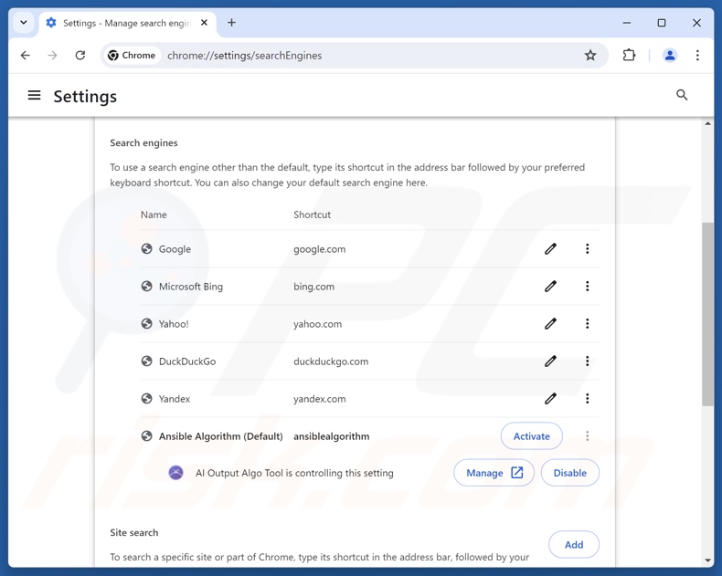 Supprimer search.ansiblealgorithm.com du moteur de recherche par défaut de Google Chrome