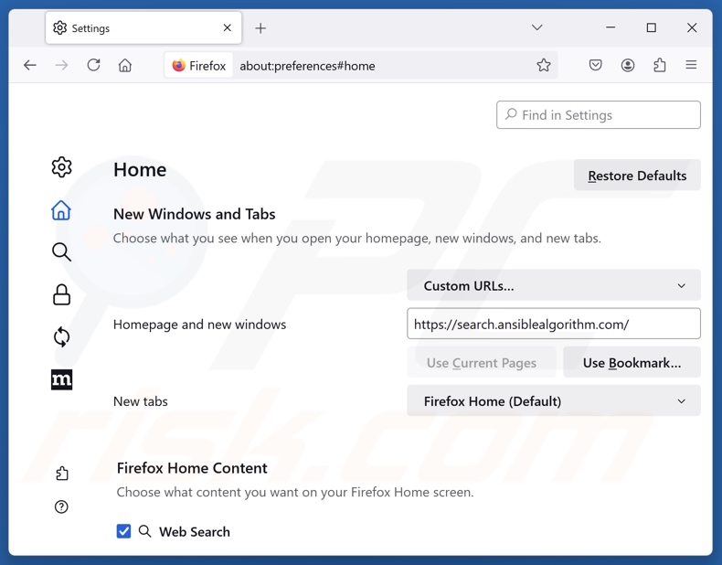 Supprimer search.ansiblealgorithm.com de la page d'accueil de Mozilla Firefox