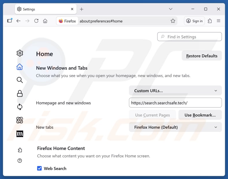 Suppression de search.searchsafe.tech de la page d'accueil Mozilla Firefox