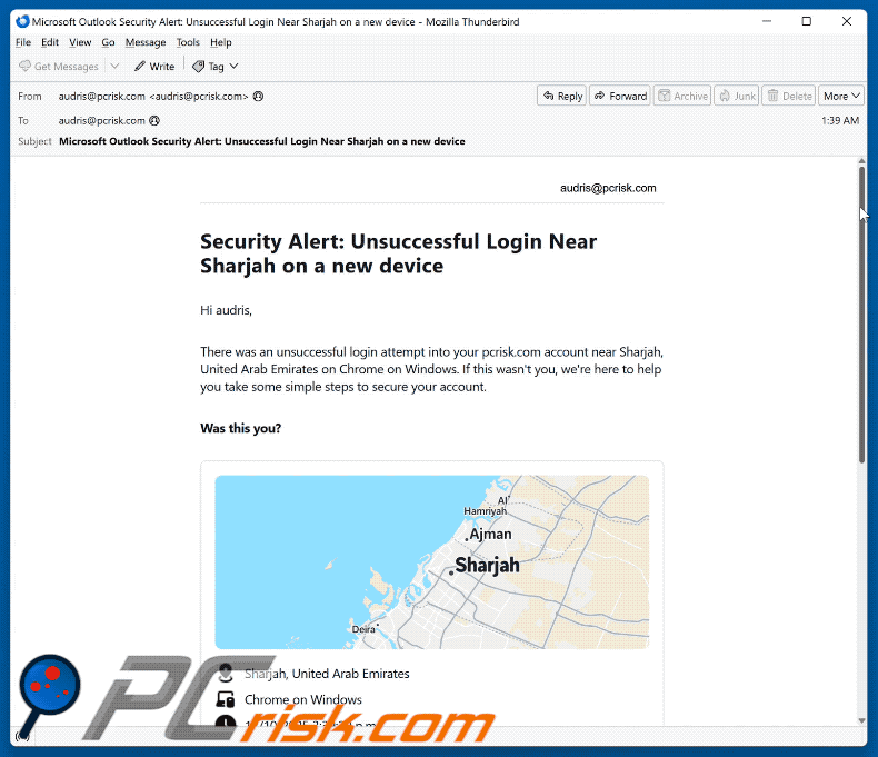 Security Alert: Unsuccessful Login On A New Device apparence d'un courriel frauduleux (GIF)