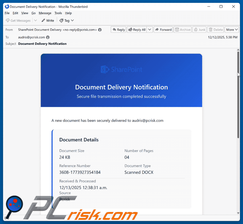 SharePoint Document Delivery Notification apparence d'un courriel frauduleux (GIF)