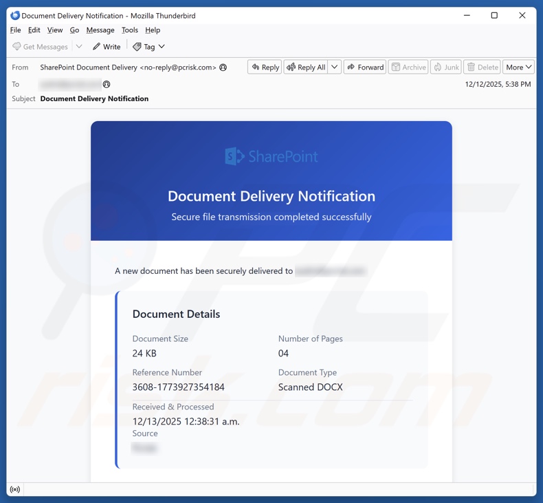 SharePoint Document Delivery Notification campagne de spam par e-mail