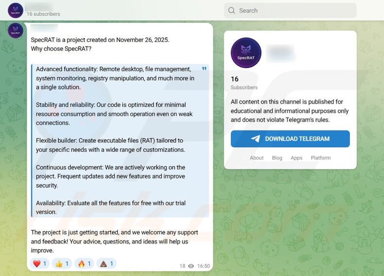Chaîne Telegram faisant la promotion du logiciel malveillant SpecRAT