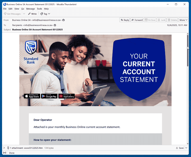 Standard Bank Account Statement Apparence d'une arnaque par e-mail