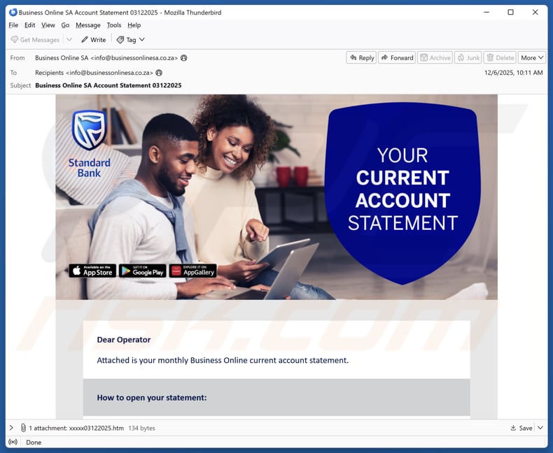 Standard Bank Account Statement campagne de spam par e-mail