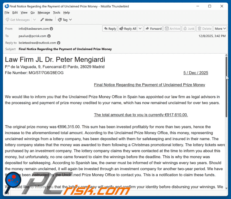 Unclaimed Prize Money apparence d'un courriel frauduleux (GIF)